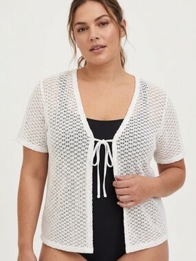 Penningtons White Open Knit Short Sleeve Cardigan | Lightweight Tie Front Lay XL